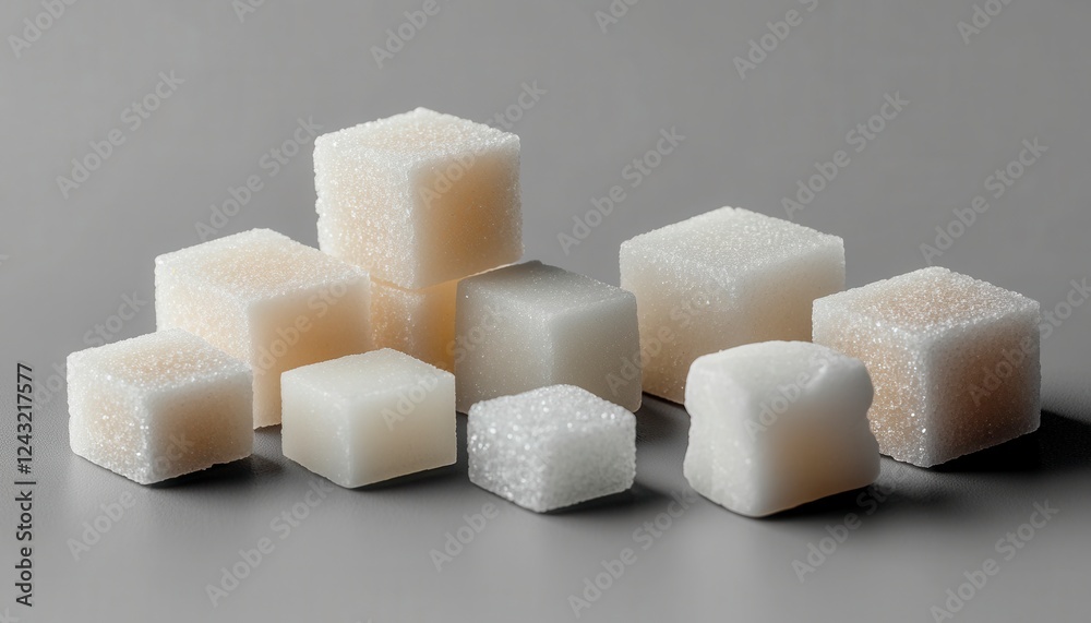Cubes of Sugar Arranged in Artistic Display on Gray Background Cubes of Sugar Arranged in Artistic Display on Gray Background