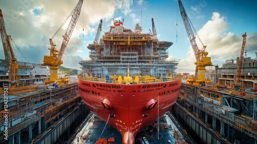A large rusty ship being repaired in a dry dock section of a shipyard, with metallic heavy equipment and big cranes in background