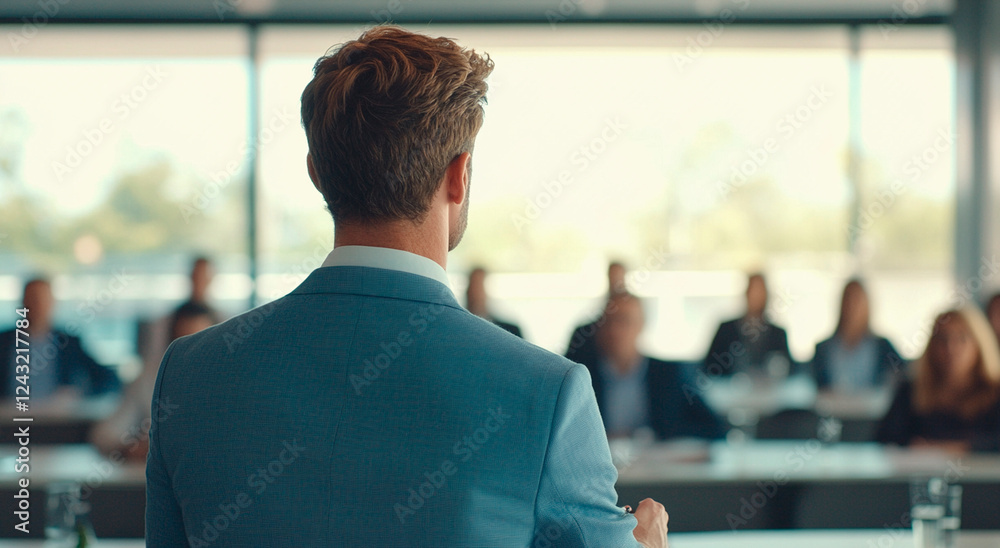 Young businessman giving a presentation and leading a business training class in a conference room, with people sitting at tables listening to the speech from the boss or speaker looking back over the Young businessman giving a presentation and leading a business training class in a conference room, with people sitting at tables listening to the speech from the boss or speaker looking back over the
