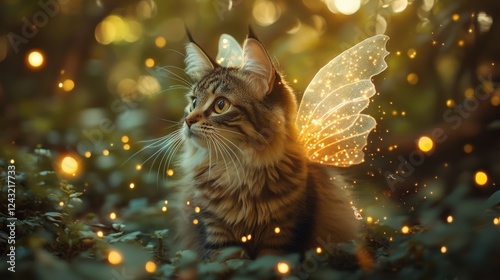 A magical cat with fairy wings, sitting among glowing lights in a mystical forest. A scene full of charm and enchantment.