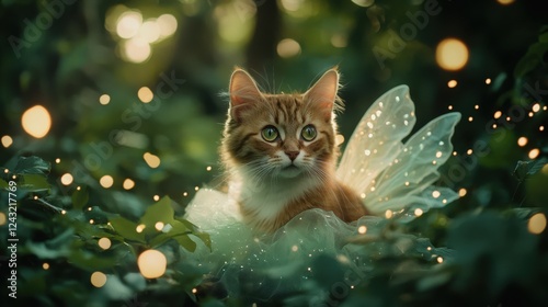 A playful cat with fairy wings in a magical forest. Cute and enchanting scene with sparkles and greenery all around.