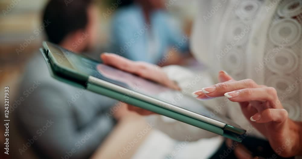 Hands, tablet and business woman typing in meeting, email and project manager planning on internet. Technology, office and worker closeup on app for communication online, development and research