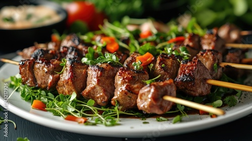 Delicious Grilled Kebabs on a Plate with Fresh Herbs and Vegetables