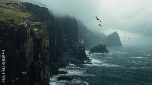 Mysterious Coastal Cliffs with Waves and Birds in Foggy Atmosphere