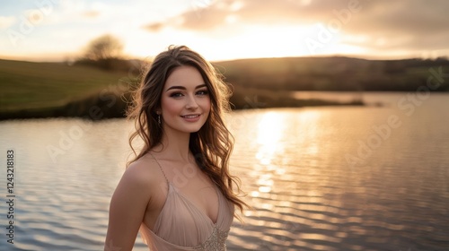 Young woman smiles near a calm lake at sunset. The golden hour lights up her features beautifully. Nature offers a serene moment.