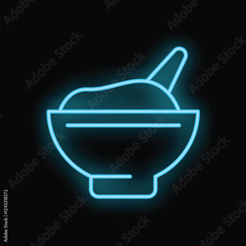 Blue neon icon of a bowl with food and a spoon, glowing on a black background