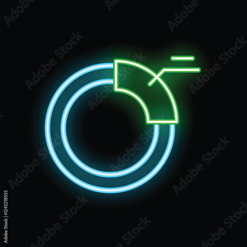 Glowing neon icon of a partial pie chart with lines extending from it, perfect for representing data and statistics