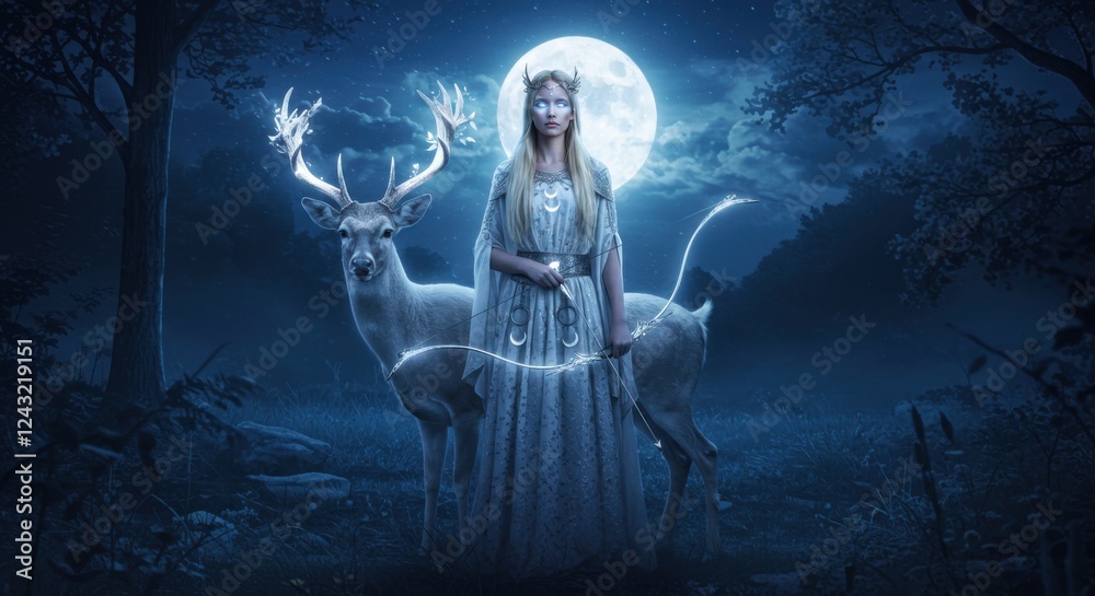 Fototapeta premium Enchanted Moonlit Forest: A mystical elf with her majestic deer companion under a full moon's serene glow.