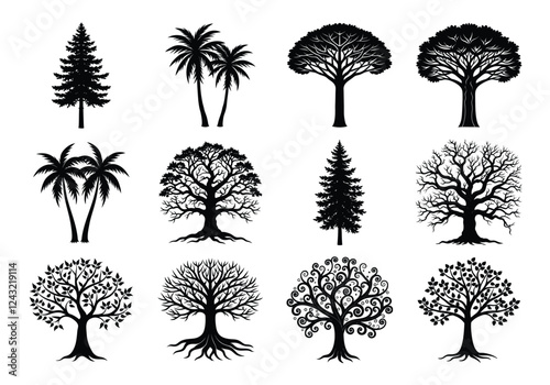 Tree silhouette collection. various trees vector on white background