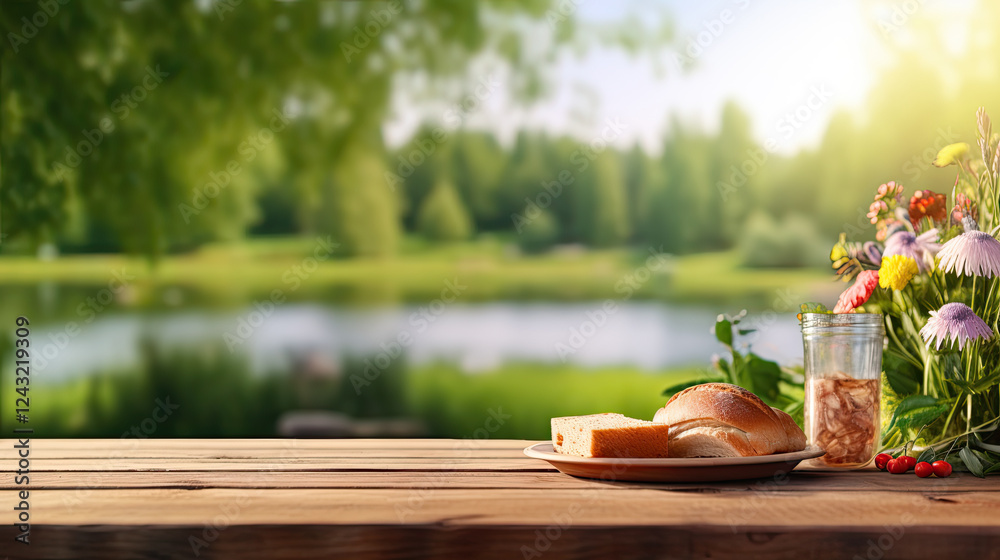 Fototapeta premium Summer picnic by the lake with fresh bread and wildflowers