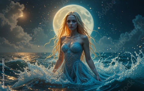 Wallpaper Mural A woman emerging from the ocean with wet, long blonde hair and a fishnet dress, under a starry sky with a full moon. Torontodigital.ca