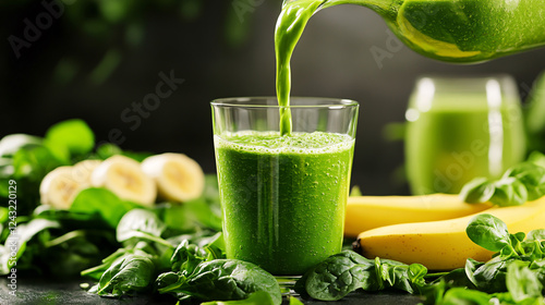 A vibrant green matcha smoothie is poured into a glass, surrounded by fresh ingredients like spinach, banana, and almond milk, captured in a telephoto shot with space for additional text.