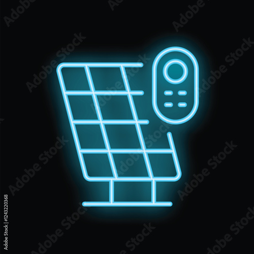 Glowing neon icon representing a solar panel being controlled with a remote control, symbolizing sustainable energy solutions