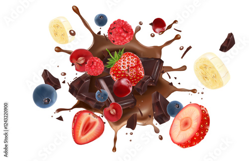 Chocolate and Mixed berry splashing in the middle isolated on white background, Vector realistic in 3d illustration. Food concept.