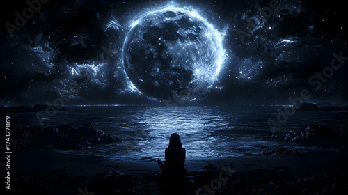 Woman gazing at giant moon, ocean, night