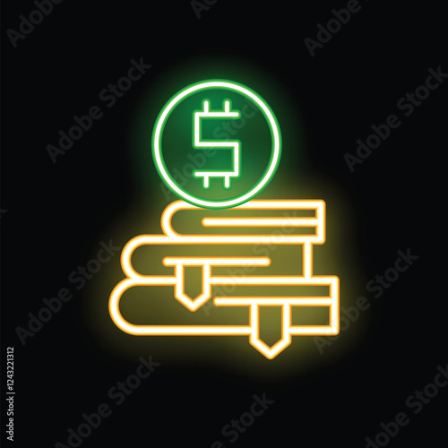 Glowing neon icon of a stack of books with bookmarks and a dollar sign above, representing the concept of paid education
