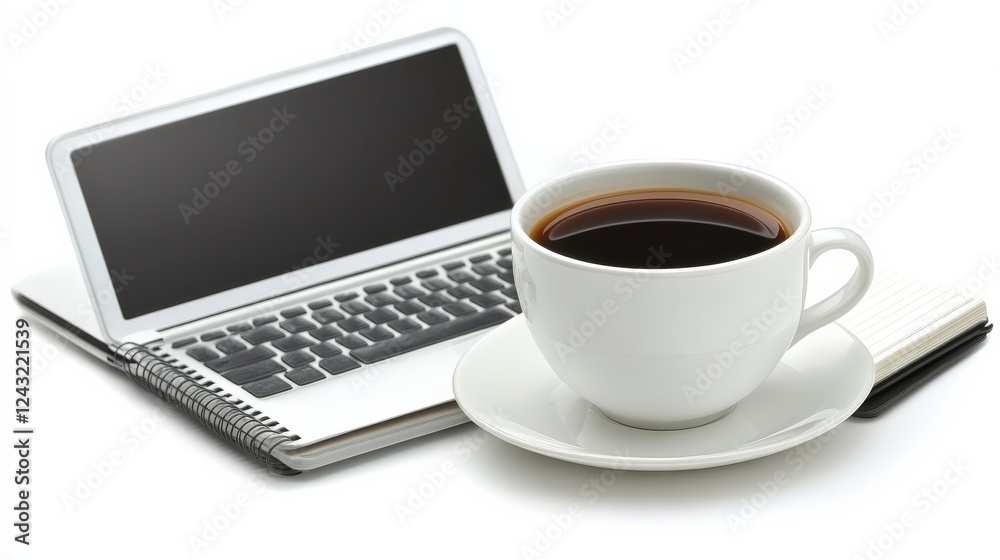 A cozy workspace featuring a laptop, a cup of coffee, and a notebook on a clean desk A cozy workspace featuring a laptop, a cup of coffee, and a notebook on a clean desk
