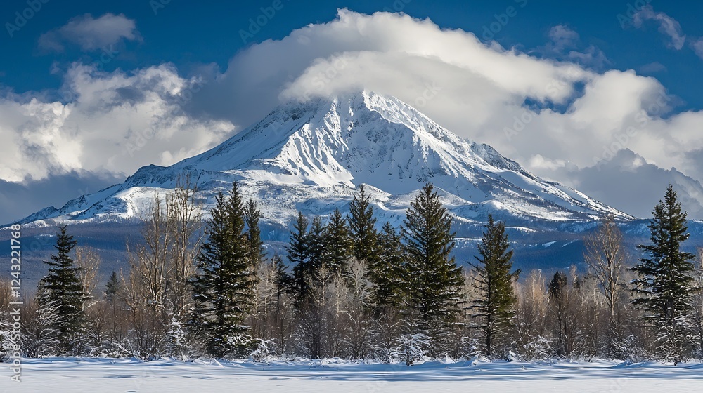 Snow-capped mountain peak winter landscape, scenic view Snow-capped mountain peak winter landscape, scenic view