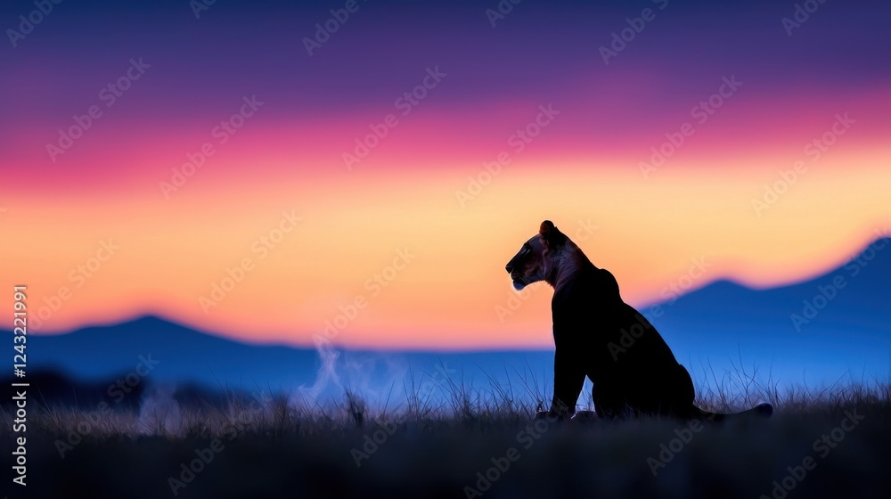 Silhouette of a Lioness at Sunset in the African Savanna Silhouette of a Lioness at Sunset in the African Savanna
