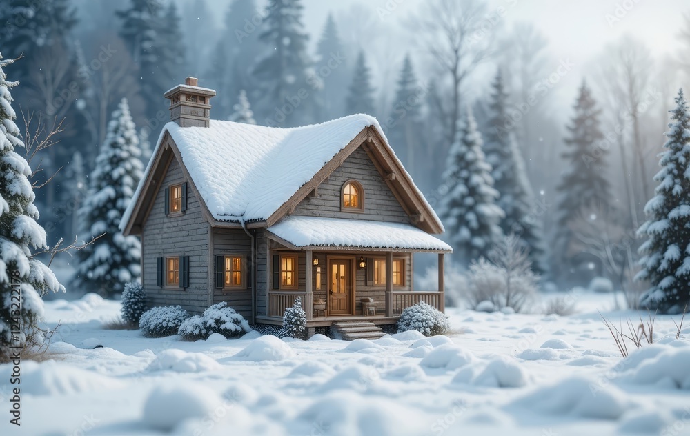 A model of a house wearing a knitted cap in a snowy winter landscape A model of a house wearing a knitted cap in a snowy winter landscape
