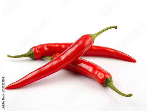 Three vibrant red chili peppers on a white background