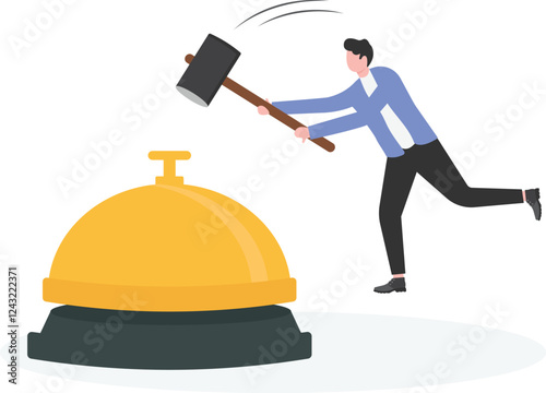 Close-up of businessman’s hand pressing concierge bell, vector illustration

