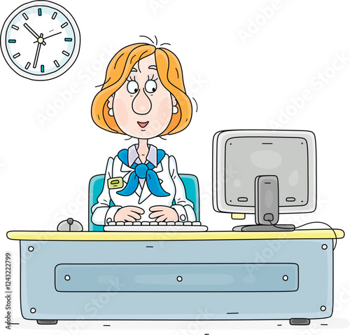 Friendly woman office receptionist at her desk with a computer, vector cartoon illustration on white