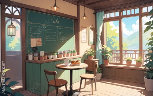 Cozy Cafe Interior with Sunlight and Plants