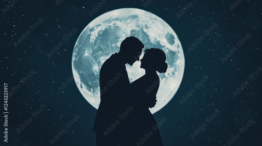 Romantic Silhouette of Loving Couple Under a Full Moon Night Sky Romantic Silhouette of Loving Couple Under a Full Moon Night Sky