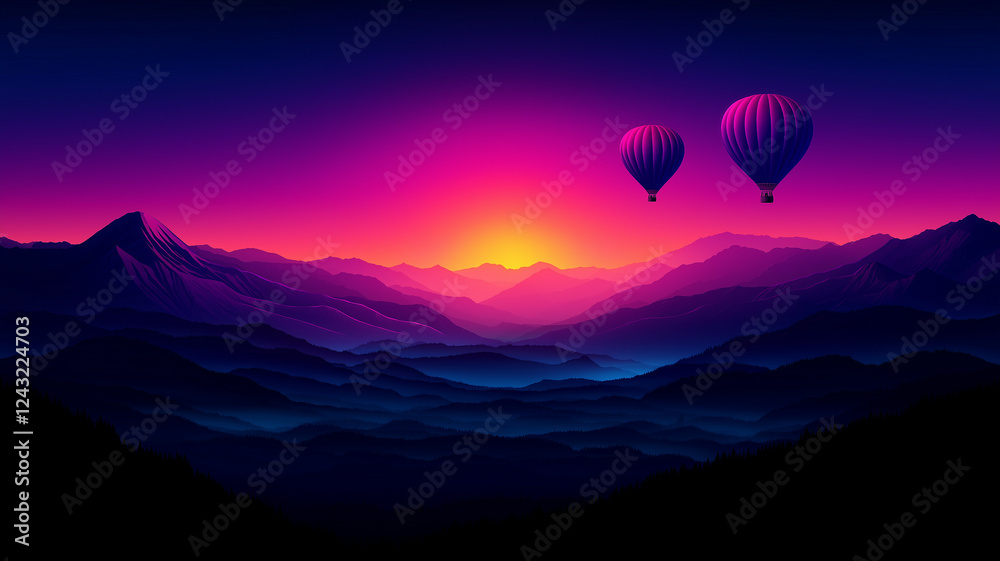 Fototapeta premium Colorful hot air balloons floating over mountains at sunset create serene and vibrant landscape. gradient sky transitions from deep purple to warm orange, enhancing tranquil atmosphere