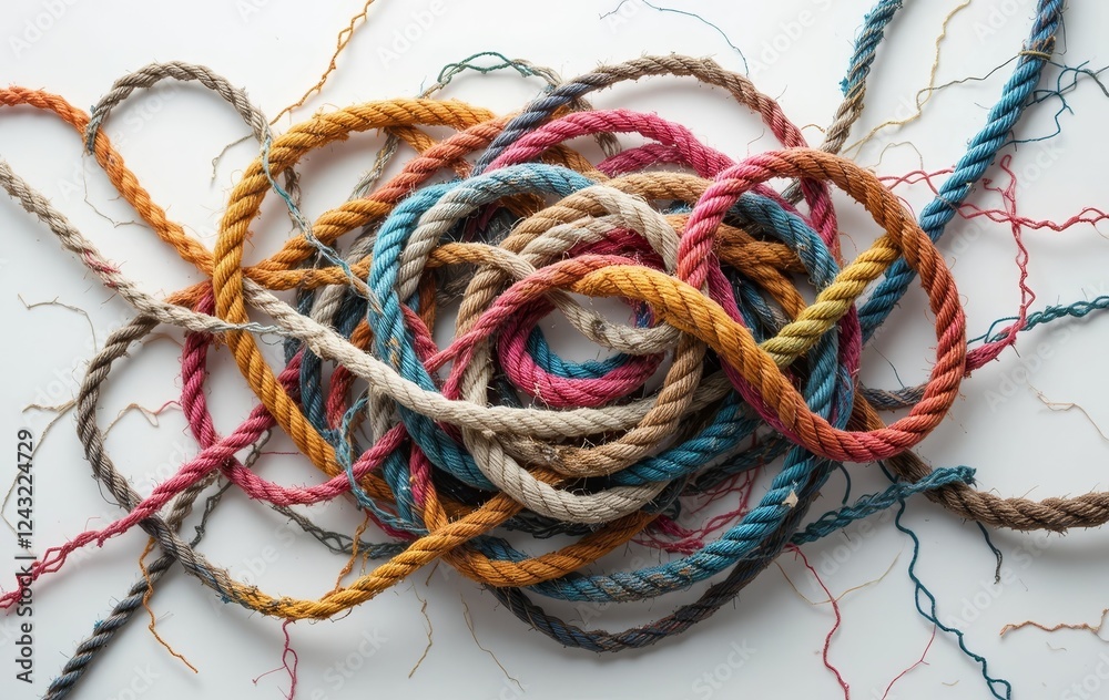 Three colorful ropes tangled together on a white background Three colorful ropes tangled together on a white background