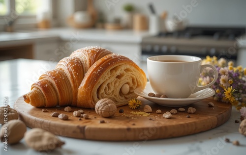 A close-up of a croissant and cup of coffee on a wooden plate with flowers and a kitchen in the background.