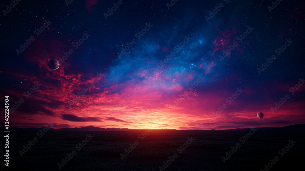 Fototapeta premium stunning cosmic landscape featuring vibrant colors in sky, with planets and moons visible against backdrop of stars. scene evokes sense of wonder and exploration