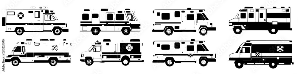 Various models of emergency medical service vehicles displayed against a simple background for identification purposes Various models of emergency medical service vehicles displayed against a simple background for identification purposes