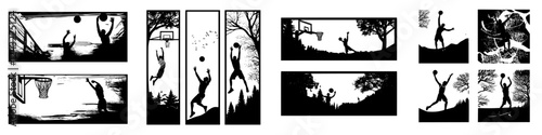 Dynamic basketball silhouettes showcasing athletic movements in various outdoor settings during sunset hours