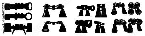 Various designs of binoculars and scopes displayed in black silhouette style showing different shapes and uses for outdoor activities