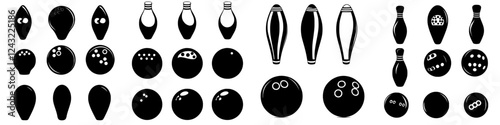 Various bowling pins and balls displayed in a minimalist black and white style for graphic design