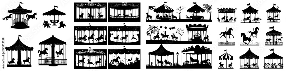 Fototapeta premium Silhouette collection of carousels with horses and decorative elements in various designs and poses