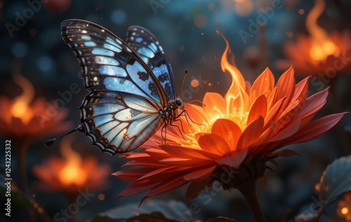 A close-up photo of a Lunaris butterfly resting on a Crimson Sun flower, with a magical and dreamy background. photo