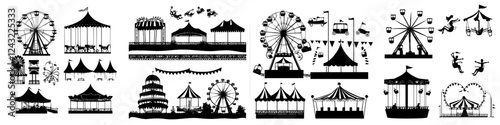 Various carnival and amusement park elements including ferris wheels and funhouses in black silhouette