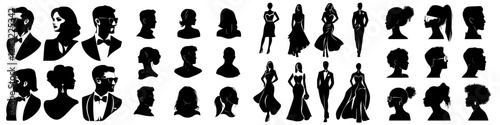 Elegant silhouettes of diverse individuals in formal attire showcasing a range of hairstyles and poses at a gala event
