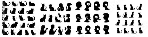 Silhouette collection of cats and human profiles arranged in an artistic pattern
