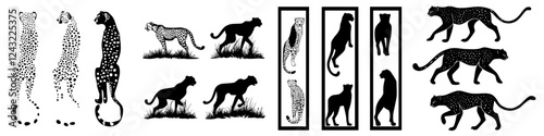 Various artistic representations of leopards and cheetahs in a black and white design style