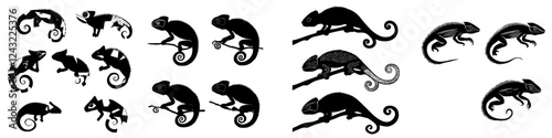 Artful collection of chameleon silhouettes showcasing various poses and movements for creative design use