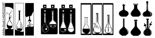 Unique collection of black and white science lab illustrations featuring flasks and beakers in various designs