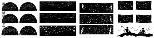 Bright constellations and silhouettes captured against a dark night sky showcasing celestial themes in a creative design layout