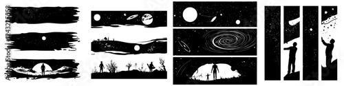 Creative artistic illustrations showcasing celestial themes, abstract landscapes, and human silhouettes against a cosmic backdrop