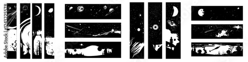 Artistic representation of a cosmic landscape with planets, stars, and celestial bodies creating an otherworldly atmosphere