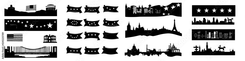 Obraz premium Patterns and silhouettes of famous landmarks and flags representing diverse cultures in a creative design