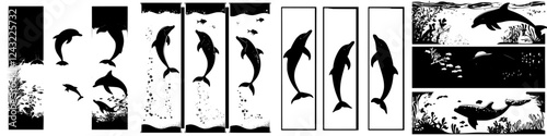 Black and white silhouettes of dolphins swimming among sea life in a tranquil underwater environment